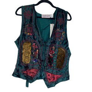 NWT Westbound Women's Vest Green Size L Velvet Patchwork Holiday Eclectic